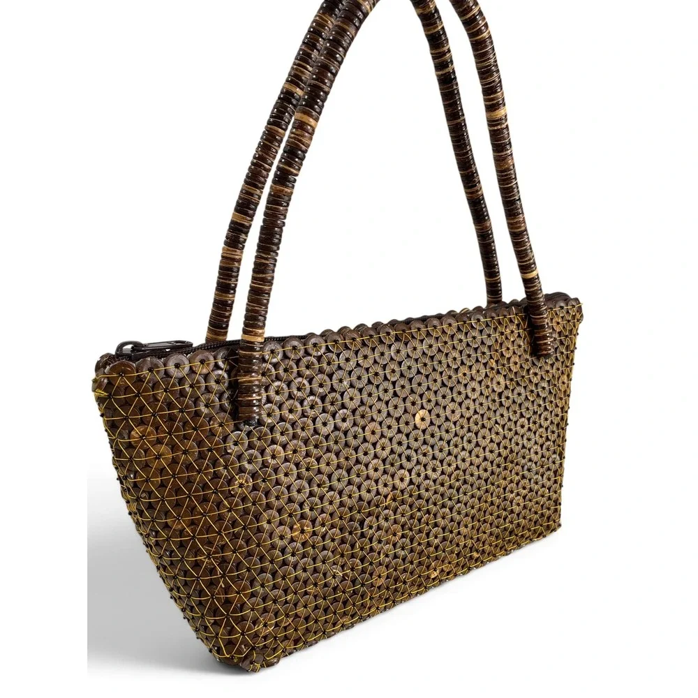 Y2K Handmade Coconut Shell Beaded Boho Handbag Artisan Crafted Brown Tote Purse